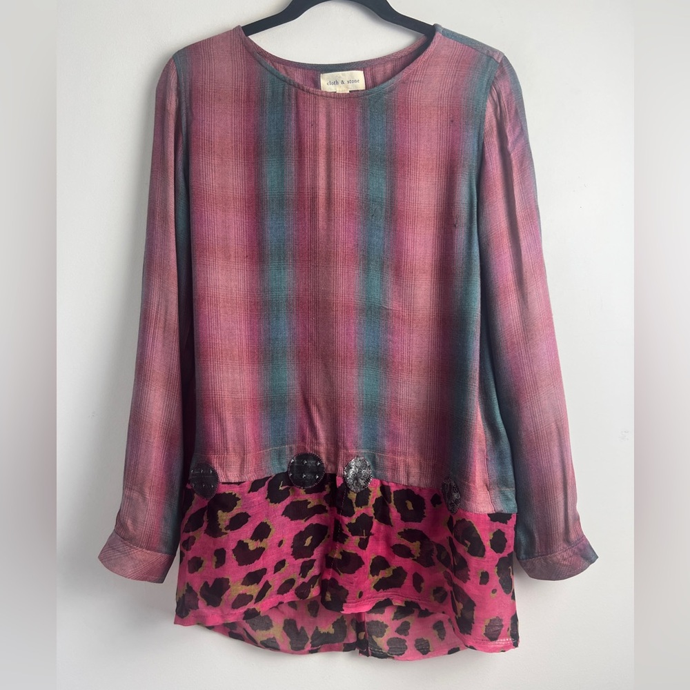 Anthropologie Cloth & Stone Small Plaid Mixed Media Lace Up Back Blouse‎ Top